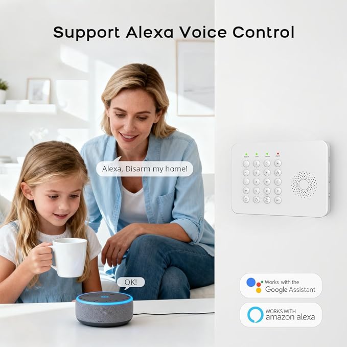 LWOHSI Home Security Systems,Wireless DIY Burglar Alarm Kits,Smart Home Alarm System with Window/Door Sensor,PIR Motion Detector,Voice Control with Alexa and Google,4G SMS/Tuya App Alerts