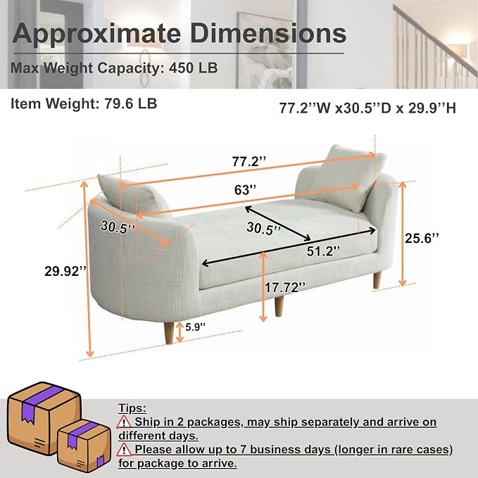 77.2" Oversized Chaise Lounge, Curved Soft End of Bed Bench - Image 2