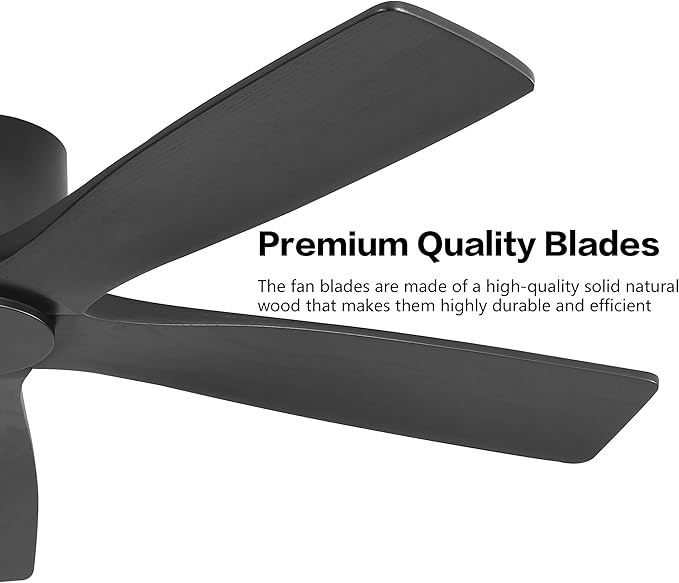 WINGBO 48" Flush Mount DC Ceiling Fans Without Lights, 5 Carved Solid Wood Blades, 6-Speed Reversible DC Motor, Low Profile Hugger Ceiling Fan No Lights for Living Room Bedroom Patio, Matte Black