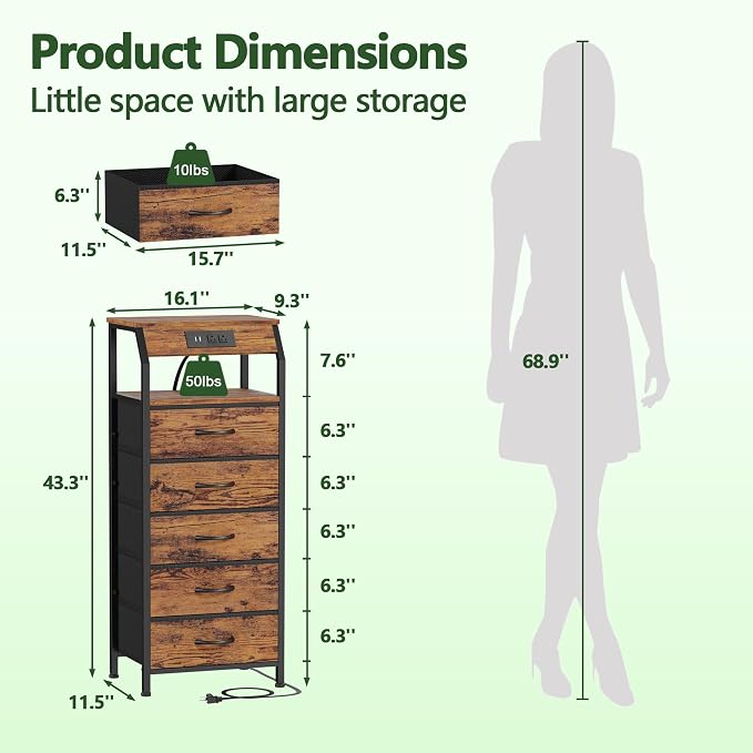 5 Drawers Dresser with Charging Station, Tall Nightstand, Fabric Chest of - Image 3