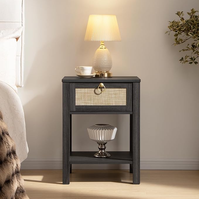 SICOTAS Rattan Nightstand with Storage Shelf, Boho Bedside Table End Table | by SICOTAS