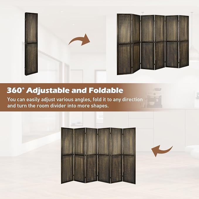 6 Panel Pegboard Room Divider | Brown Wood Folding Privacy Screen - Image 5