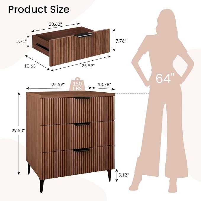 25.6" W Fluted Nightstand with 3 Drawer, Mid-Century Modern Night Stands | - Image 2