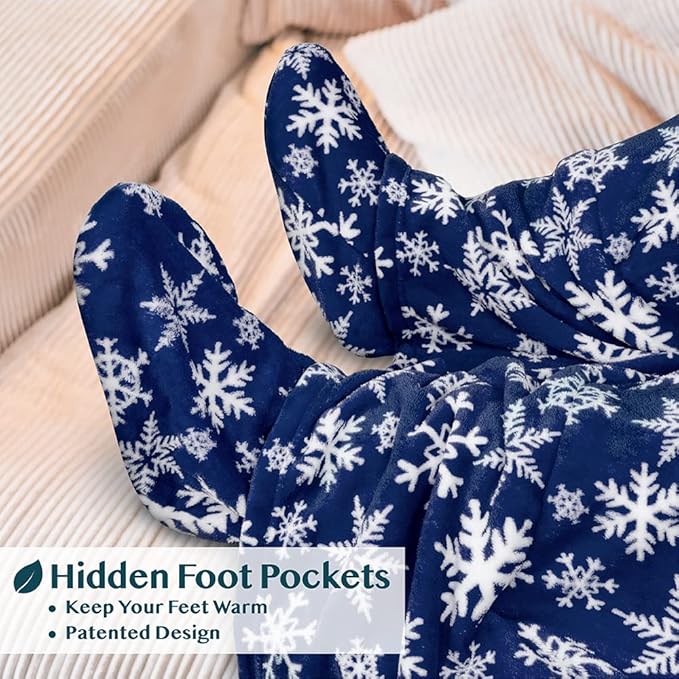 PAVILIA Fleece Blanket with Sleeves, Foot Pockets for Women Men Adults, Plush Wearable Blanket Throw Wrap, Warm Snuggle Blanket Robe, Cozy Gift Ideas Wife Mom, Snowflake Blue