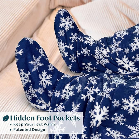 PAVILIA Fleece Blanket with Sleeves, Foot Pockets for Women Men Adults, Plush Wearable Blanket Throw Wrap, Warm Snuggle Blanket Robe, Cozy Gift Ideas Wife Mom, Snowflake Blue
