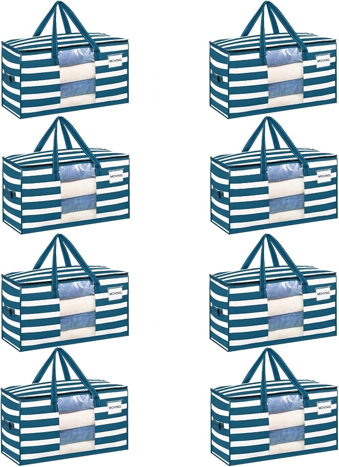 VENO Moving Bags, Wide Open Top, Classic Navy Stripe, 8 Pack | Moving boxes by Veno