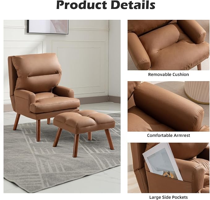 IOMOR Accent Chair with Ottoman, Faux Leather Chair Armchair with Adjustable - Image 5