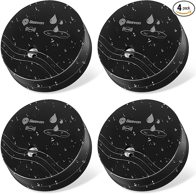 Geevon 4 Pack Water Leak Detectors, 100dB Water Sensor Alarms Flood Detector for Basements, Bathrooms, Laundry Rooms, Kitchens, Garages, and Attics, Water Alarms Battery-Operated (Battery Included)