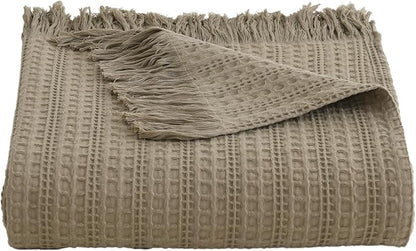 100% Cotton Waffle Blanket with Fringe, Pre-Washed Waffle Weave Blanket for All Season, Lightweight Breathable Soft Cozy Throw Blanket for Couch, Bed, Travel (Sage Green - 50x60 Inches)