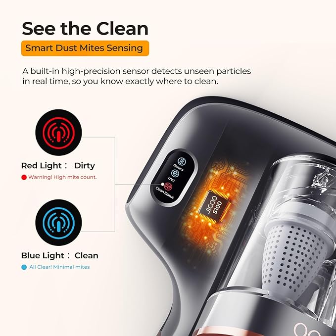 JIGOO Mattress Vacuum Cleaner with UV-C Light, Bed Vacuum Cleaner with Dust Sensor, Ultrasonic and High Heating, Deep Cleaning Bed Vacuum for Sofa Bed Fabric Surface (Gray)