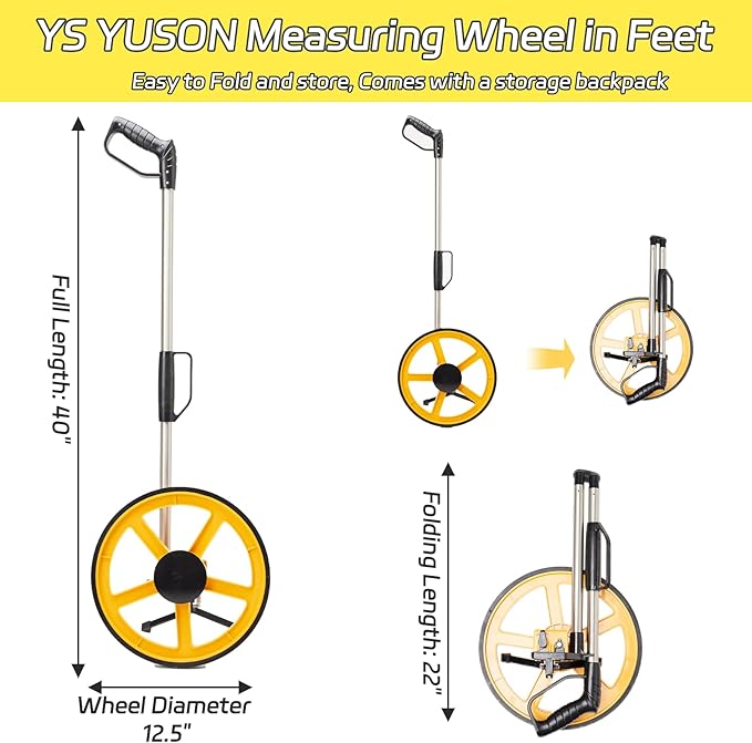 YS YUSON 12 Inch Measuring Wheel in Feet with Stronger Triangle Bracket, Rolling Measuring Wheel for Construction, Digital Measure Wheel with Tape Measure and Canvas Carrying Bag, Up to 10000 Ft