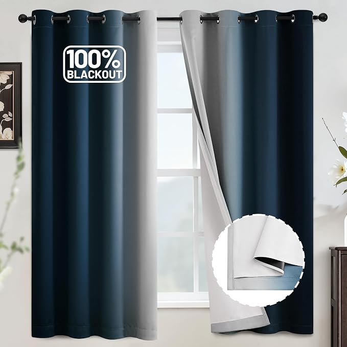 COSVIYA 100% Blackout Navy Blue Ombre Curtains by COSVIYA