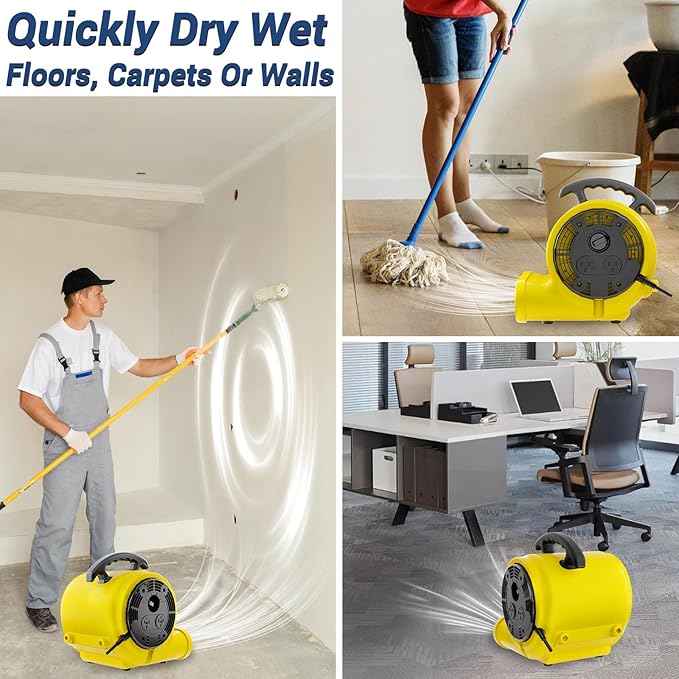 BSMTEK Air Mover Blower Fan, Industrial 1/2HP 2500CFM Monster Floor Blower Carpet Dryers - 3 Speeds, 4 Adjustable Angles, 15FT Long Cord, Stackable - 2026 Upgraded