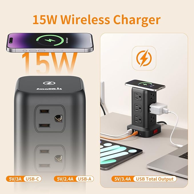 Extension Cord with Multiple Outlets, SMALLRT Power Strip Tower, Outlet - Image 3