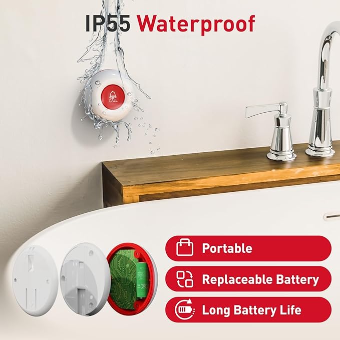 CallToU Caregiver Pager Wireless Call Button Smart Bell Alert System for Elderly Home Patient Seniors Nurse 4 Portable Waterproof Transmitters 1 Plugin Receiver