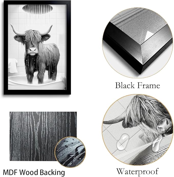 OIQArtOIQ Funny Bathroom Framed Wall Art Black and White Animal Canvas Wall Art - Image 6
