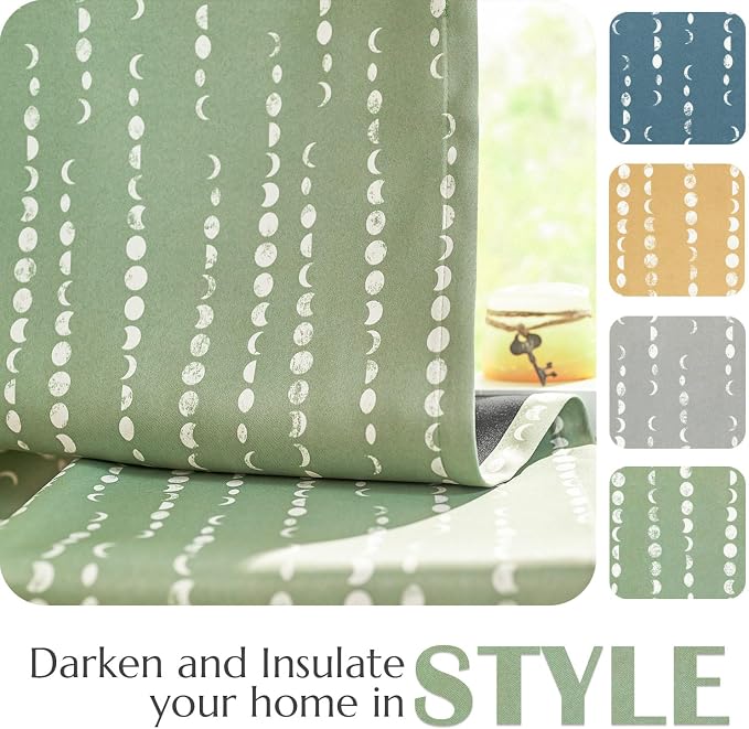 jinchan Boho Blackout Curtains 84 Inches Long Moon Phase Printed Drapes | Sage - Image 4