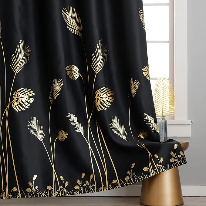 Wide Blackout Curtain for Sliding Door 100W x 96L Inch Gold Print Palm Thermal - Image 4