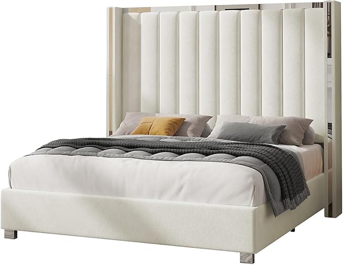 Jocisland Queen Size Bed Frame with 58" Tall Headboard, Platform Velvet Upholstered Bed with Channel Tufted Wingback Headboard and Plating Trim, No Box Spring Needed, White Cream