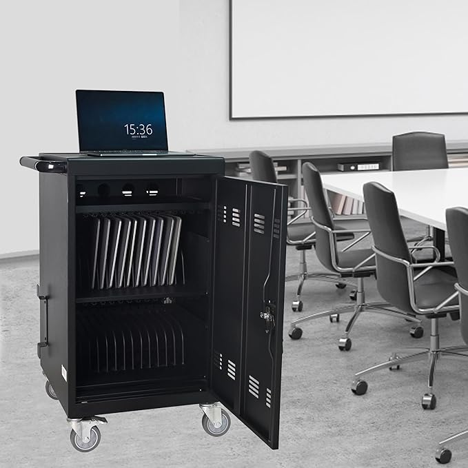 Aokleo Laptop Charging Cart,32 Devices Tablet Storage Carts for Pad Up to 16.3" Screen Size, Classroom Computer Mobile Charging Station for Pads,Chromebooks,Laptops,Security Storage (30+2 Bay-Black)