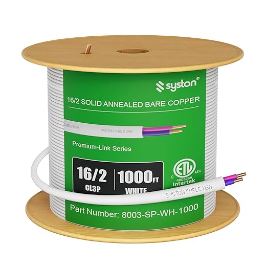 Syston Cable Technology 16/2 LED Lighting Dimmer Dimming Luminaire Control Wire Cable,16 AWG 2 Conductors Solid Bare Copper Unshielded Plenum Rated CMP CL3P FT6, for Ballast Wiring and Connection