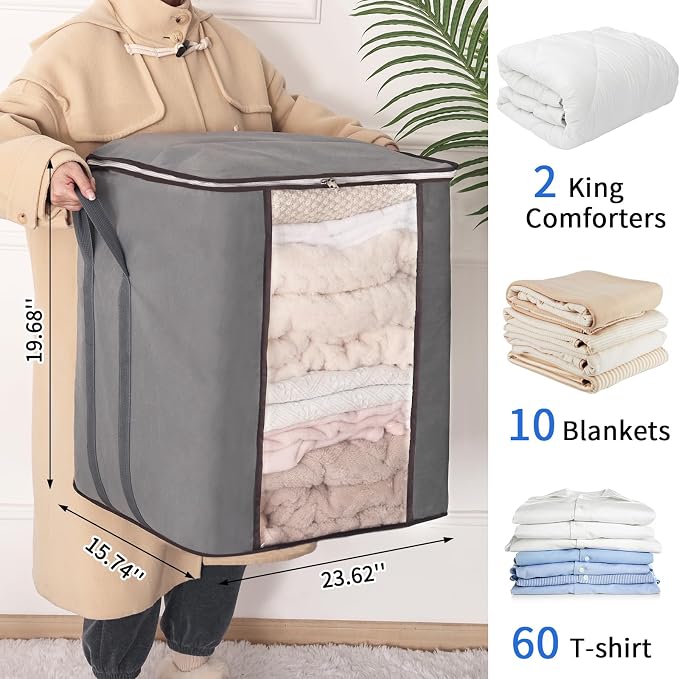 Blanket Storage Bags 120L for Comforter Clothes Bedding Sheet 4 Pack Grey | - Image 2
