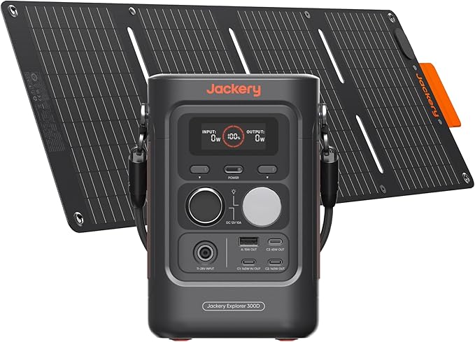 Jackery Solar Generator 300D, 288Wh LiFePO4 Portable Power Station with 40W Solar Panel, 300W DC Output, 140W USB-C Charging Cable Included, for Camping, Travel & Starlink Mini