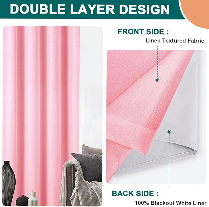 Diraysid 100% Blackout Curtains Pink Linen Curtains - Image 7