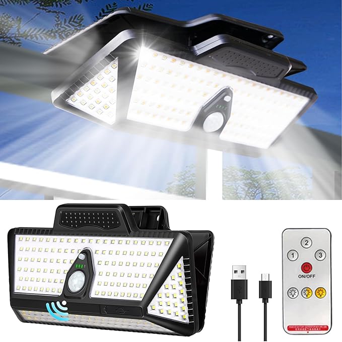 Smartyoyoka Solar Lights Clip On Solar Motion Sensor Lights with 3 Color, IP65 Waterproof Wall Lights with USB & 208LED, Portable Light for Fence, Deck, Wall, Garage, Patio (Black-3600mAh)