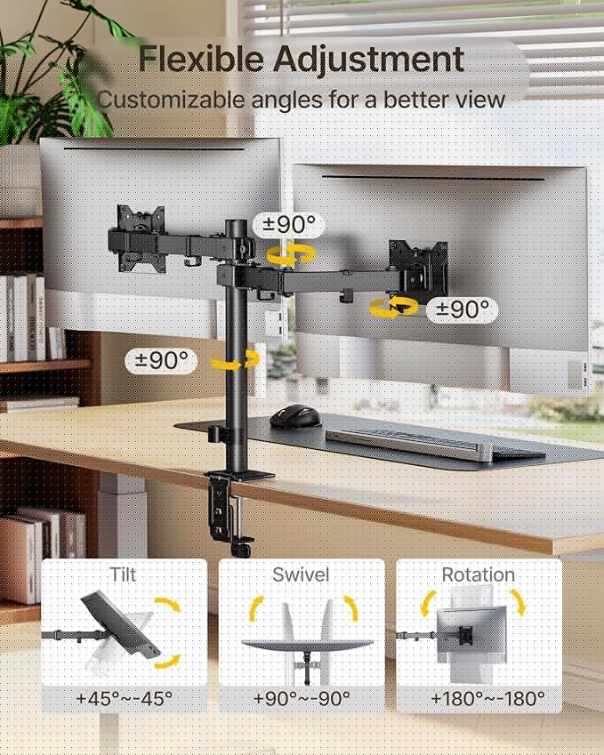monTEK Dual Monitor Stand for 17"–32” Computer, Adjustable Height Stable Monitor Mount Fit up to 32 inch Screen, Hold up to 22lbs Weight, C-Clamp and Grommet, VESA 75x75mm/100x100mm