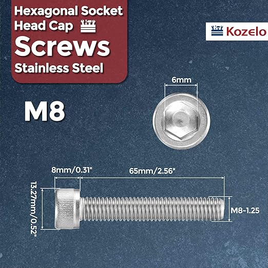 Kozelo 6pcs Socket Head Cap Screws - [M8-1.25 x 65mm] 304 Stainless Steel Allen Socket Drive for Electrical Motor 3D Printing Fan Engine Replacement Use, Silver