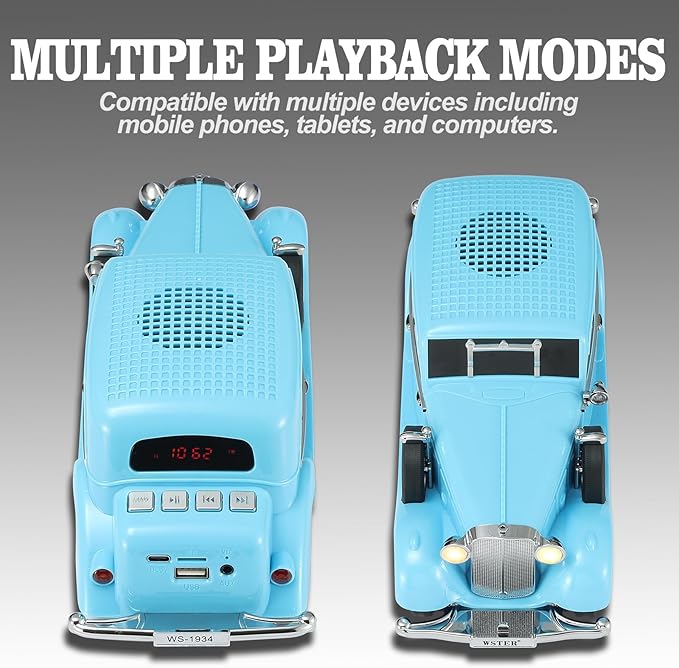 WSTER Vintage Car Bluetooth Speaker, Retro Classic Model with Powerful Sound, Built-in Mic, TWS Dual Pairing, Multi-Interface Output, Portable Wireless Outdoor Speaker for Parties & Beach (Blue)