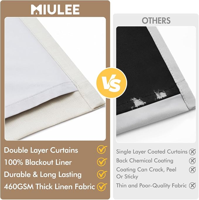 MIULEE Pinch Pleated 100% Blackout Curtains 40"x96" Long Birch 4 Panels Set | - Image 8