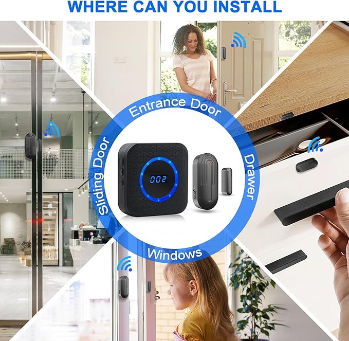 Wireless Door Chime for Business Home Office When Entering Door Alarms When Opened with 800Ft Range 55 Chimes 5 Volume Levels (1 Receiver & 4 Sensor)