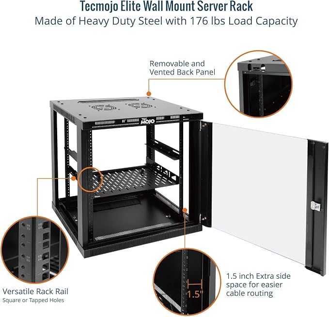 Tecmojo 12U Wall Mount Rack Cabinet, Heavy-Duty 176 Lbs High Load Capacity, 19” Enclosed Server Network Rack with Glass Door, 17.7” Deep – Elite Collection