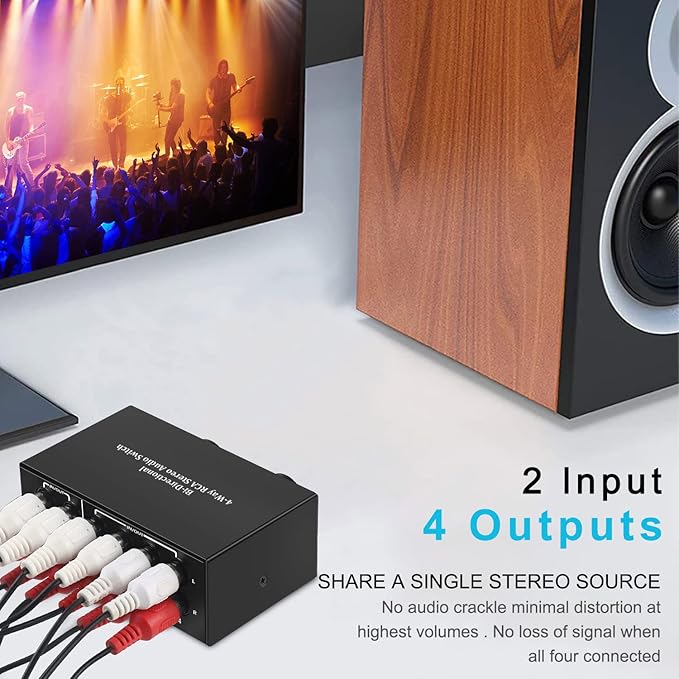4-Way Stereo Audio Switcher, Bi-Directional Audio Selector Box for Blu-ray Players or DVD Players Active Speakers (2In-4Out/4In-2Out)