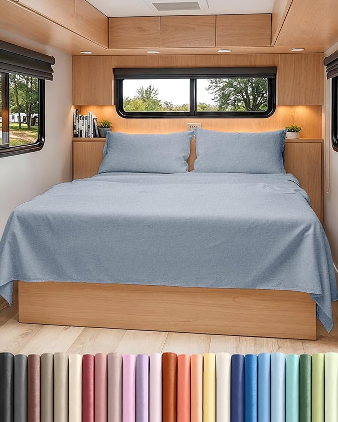RV Short Queen Sheet Set 60 X 75 - 4 Piece RV Short Queen Bed Sheets - Soft, Breathable & Cooling - Designed for Bunks, Trailers & Campers - Fits 8” to 12" Mattress - Luxury Bedding - Heathered Blue