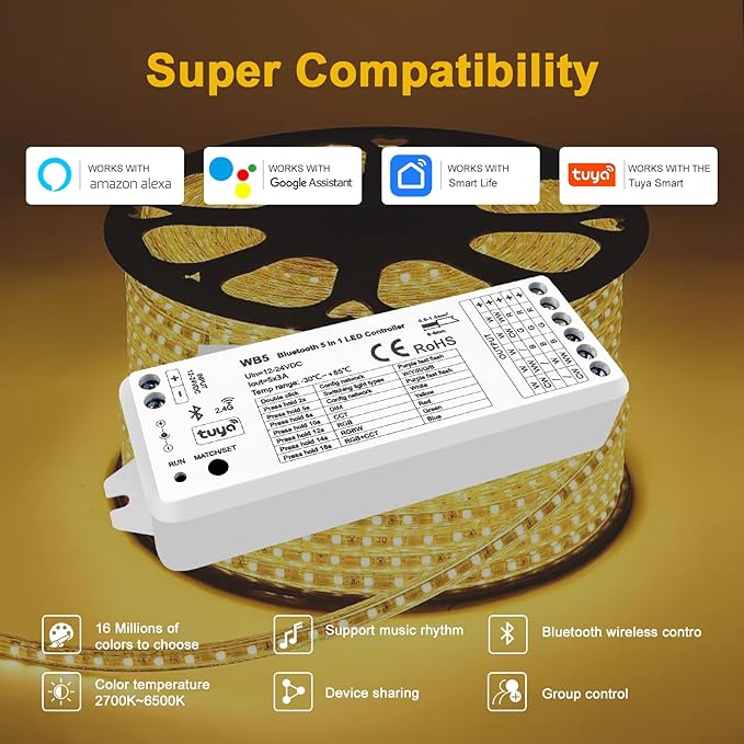 icever 5in1 WB5 LED Controller Bluetooth Control 2.4GHz Dimmable CCT RGB RGBW RGBCCT COB LED Strips - Compatible with Tuya App Echo Alexa Google Home Voice Control