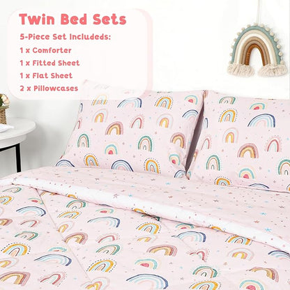 Twin Size Toddler Bedding Set for Girls 5 Piece Toddler Girl Bedding, Super Soft Toddler Comforter Set Includes Comforter, Flat Sheet, Fitted Sheet, Pillowcase (Pink Cute Rainbow)