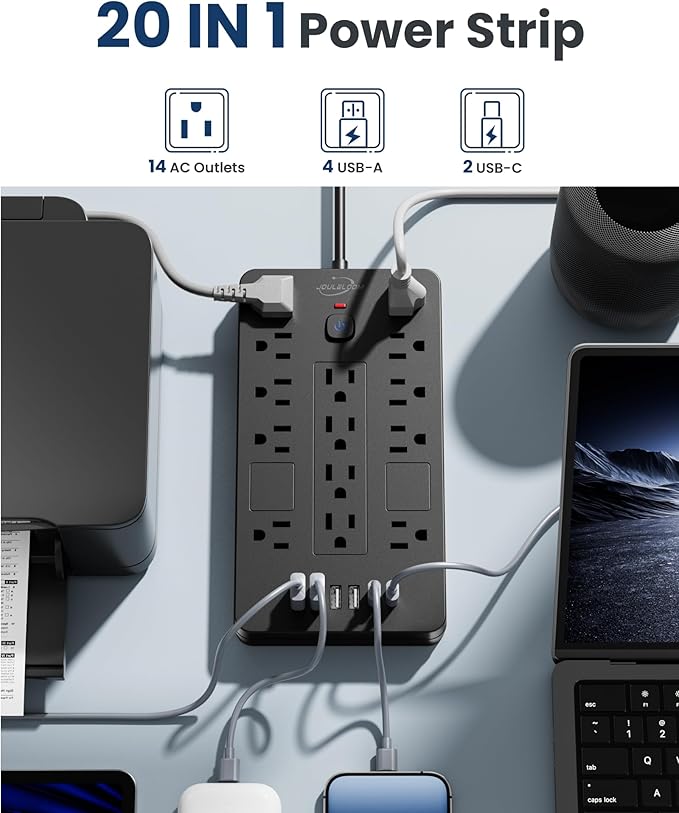 JouleLoom Surge Protector Power Strip-14 Outlets and 6 USB Ports, 6 Feet Flat Plug Extension Cord, 1850 Joules, Black, ETL Listed for Home, Office, Dorm Room