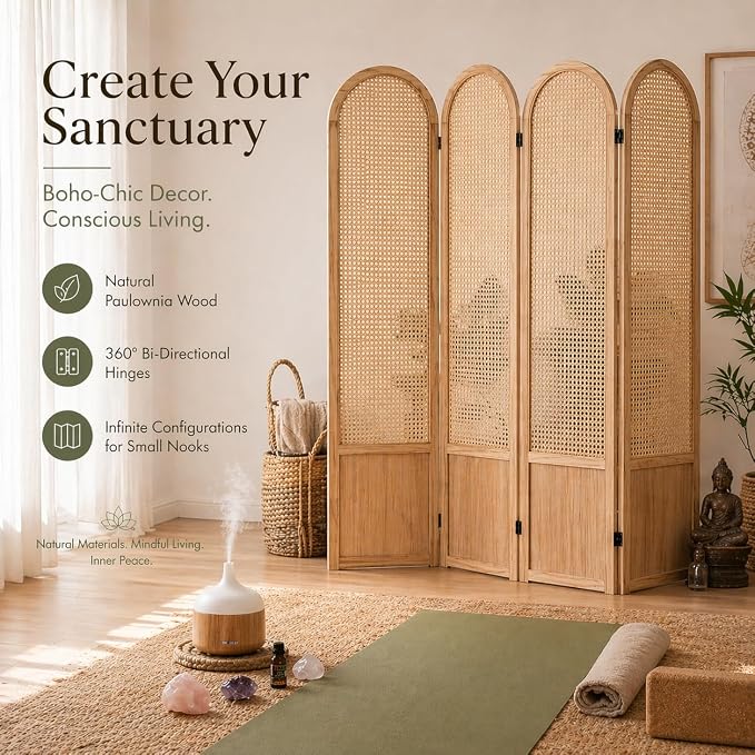 Rattan Room Divider, 4 Panel Folding Room Screen Divider, Natural | Woven - Image 3