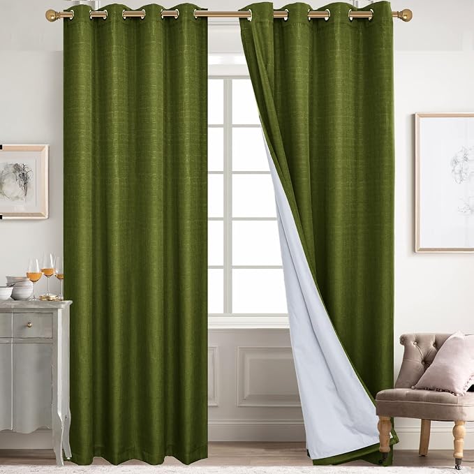 Diraysid 100% Blackout Curtains Olive Green Linen Curtains - Image 2