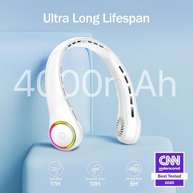 GULAKI Portable Neck Fan, Personal Fan with 4000mAh Battery, Rechargeable Neck Fan with 3 Speeds and 64 Cool Lights, Birthday Gifts for Men Women Mom Dad, Hands Free Cooling fan for Summer(White)