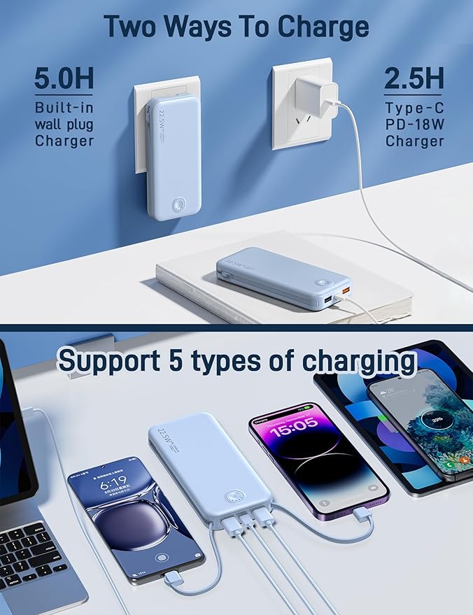 Nusyddy Portable Charger, 12000mAh 22.5W Fast Charging Power Bank with Built-in Cables & Wall Plug, Travel Essentials External Battery Pack, USB C Battery Phone Charger for iPhone, Samsung Light Blue