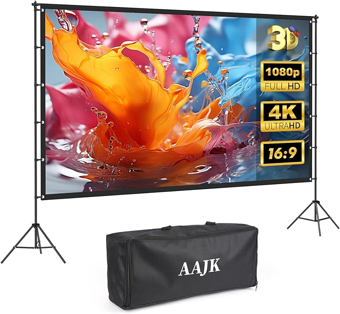 AAJK 100in Projector Screen with Stand,Portable 16:9 4K HD Indoor Outdoor Projection Screen with Wrinkle-Free Design, Ideal for Home Theater and Backyard Cinema – Includes Carry Bag