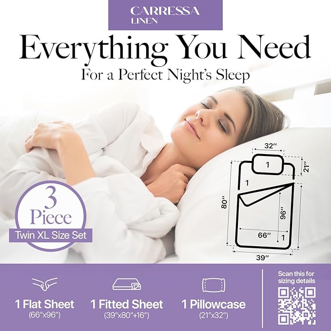 Carressa Linen 100% Egyptian Cotton Twin XL Sheets Set - 600 Thread Count Luxury Egyptian Cotton Sheets Twin XL Size (3 PC, Silver Gray), 16" Deep Pocket, Soft, Cooling, Sateen Weave Dorm Room Bedding