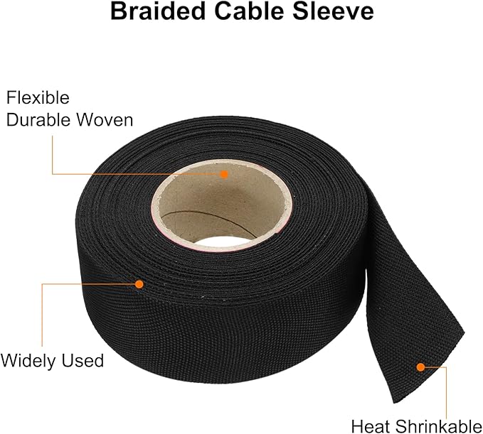 MECCANIXITY Braided Cable Sleeves Heat Shrinkable Fabric Sleeving, 1 1/4" 33ft Black 2:1 Ratio Heat Shrinkable Cord Protector for Harness Cable, Network Cable Protection, Cable Management