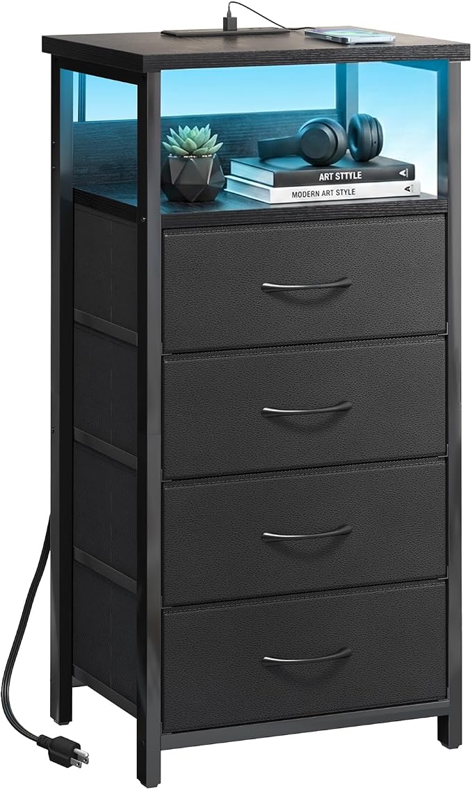Fixwal Night Stand with Charging Station, 4 Drawers | fabric drawer, built-in by Fixwal