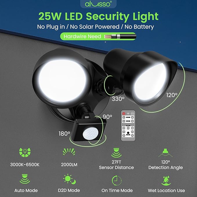 ALUSSO LED Security Lights Motion Sensor, 25W 2000LM Flood Lights Outdoor Motion Sensor with Remote, Dimmable Brightness 3000K-6500K CCT IP65 Security Light ETL Listed for House Garage Yard 1 Pack
