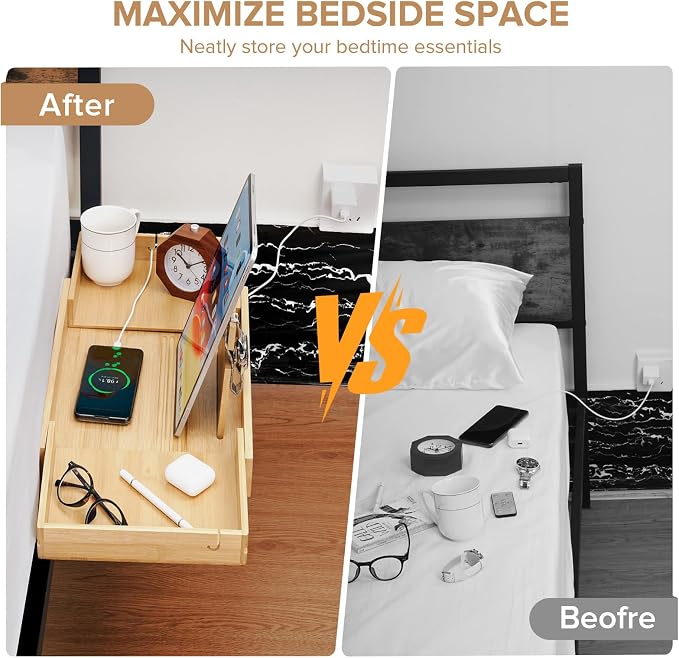 Bamboo Bedside Shelf with Expandable Tray, Clip-On Bunk Bed Nightstand - Image 5
